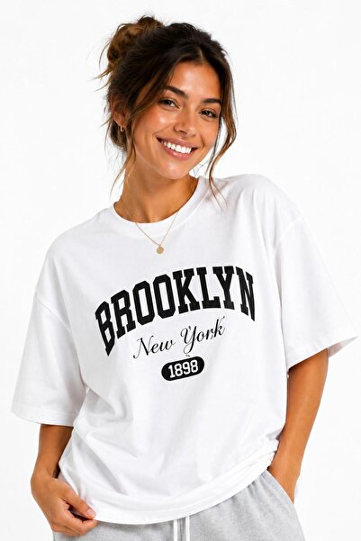 Lizbon Style Women's Oversize 100% Cotton Brooklyn Printed Comfortable Fit T-...