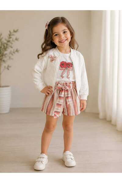 Hafez Kids Girls' 3-Piece Striped Shorts Set – Zip-Up Jacket, Printed T-Shirt...