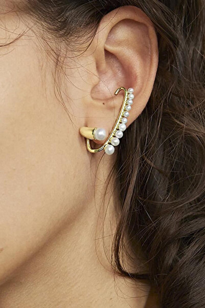 VeeShop Elegant ear cuff earring, long shank with hook, decorated with pearls