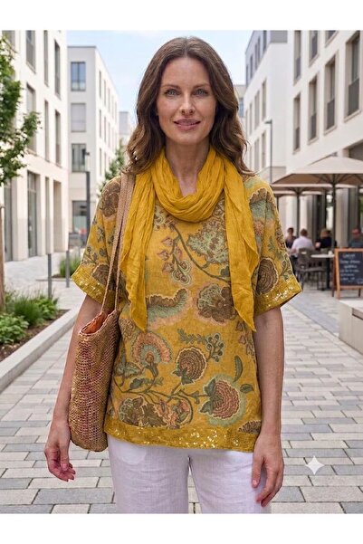 AYASOFYA OTANTIK Women's Italian Sprout Flower Patterned Loose Blouse with Se...