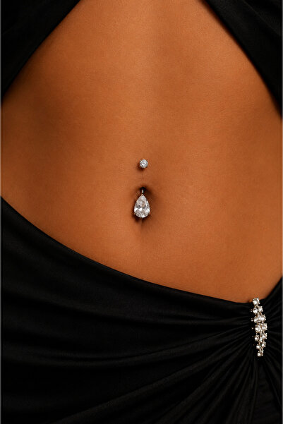 CAXBERN Damla Taşlı Zirkon Göbek Piercing 316l Cerrahi Çelik