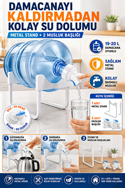 Hane Dostu Damacana Musluk Başlığı ve Metal Stand Seti 19-20 Litre Uyumlu 2 M...