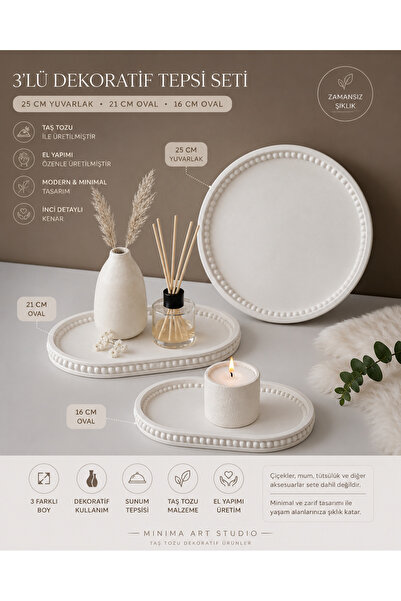 Minima Art Studio 3'lü Dekoratif Tepsi Seti | 25 cm Yuvarlak + 21 cm Oval + 1...