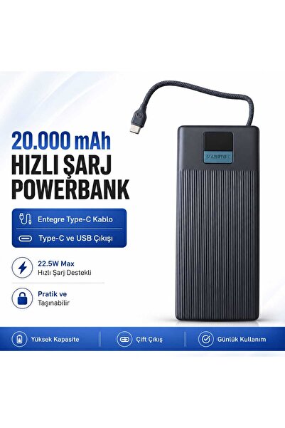 xzemzer TitanPower 20.000 mAh 22.5W Dijital Göstergeli Entegre Type-C Kablolu...