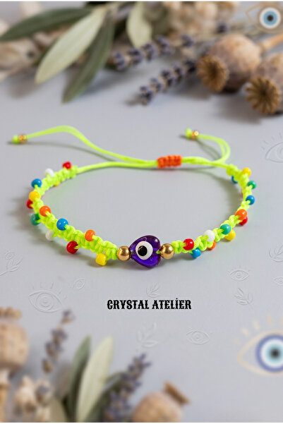 Crystal Atelier Neon Green Rope Heart Evil Eye Beaded Macrame Bracelet Handma...