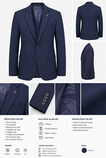 BYMEN ERKEK GİYİM Erkek Lacivert Slim Fit Tek Ceket – Klasik Şık Blazer Ceket