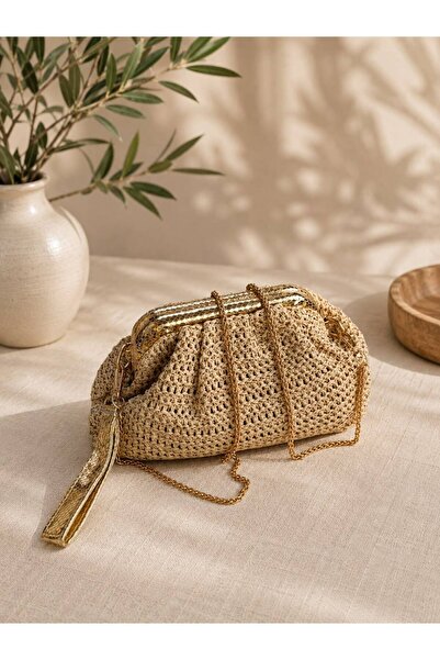 Swaggo collections Women's Straw Leather Detailed Gold Clutch Bag