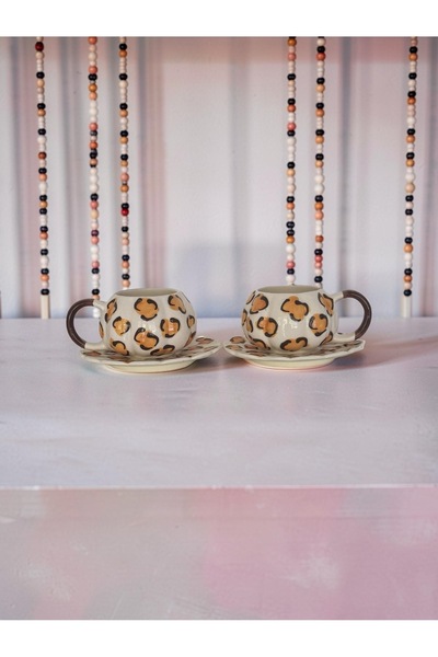 Çiporcal Kabak kupa sarı Dalmaçyalı 2li tabaklı kupa seti el dekoru seramik mug