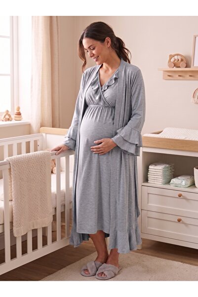 Lohussa New Season Gray Melange Full Length Nursing Feature Flounce Detailed ...
