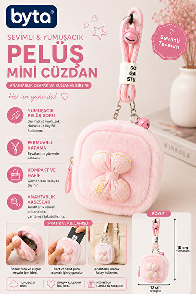 BYTA Plush Bow Detailed Mini Wallet Keychain with Zipper 10X10 cm - Gift