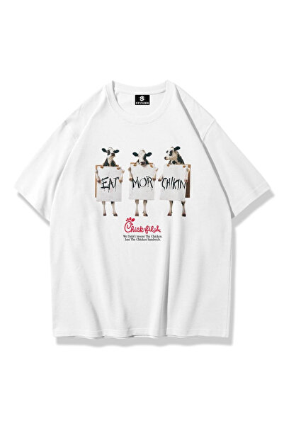 STYKEER Unisex Oversized T-Shirt "Cow" Printed Loose Fit White T-Shirt