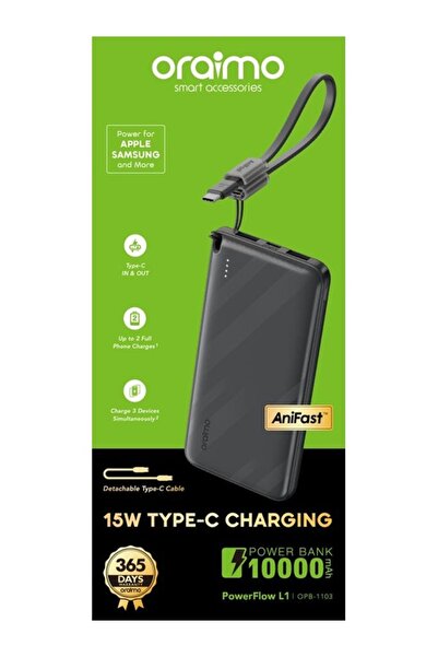 oraimo PowerFlow L1 10000mAh Power Bank, 15W Type-C Slim Fast Charging Portab...