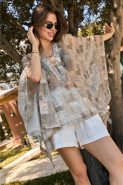 My Blog Ethnic Patterned Crossed String Lace-Up Poncho - 5112
