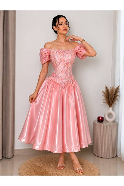 MILANORA Pink Embroidered Evening Dress with Sleeves