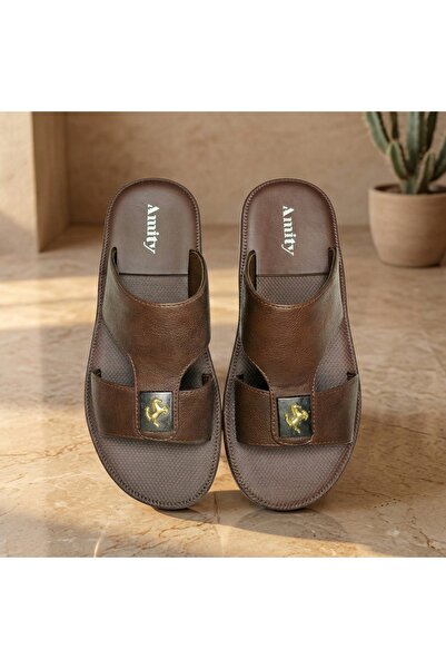 Lucky Steps Men's Wide Fit Faux Leather Slide Sandals Golden Emblem Non-Slip ...