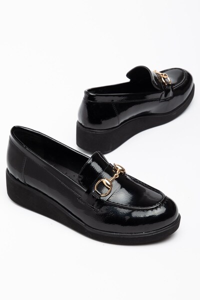 Dilimler Ayakkabı Large Size Women's Flat Shoes with Black Patent Leather Buc...
