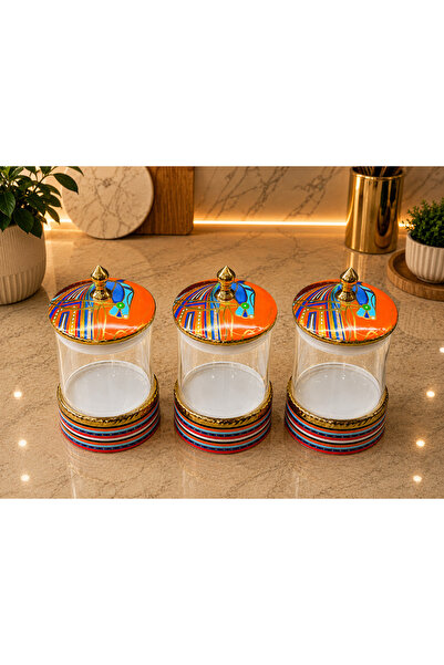 İnterlife Set of 3 Glass Storage Jars with Vacuum Lids, Horse Patterned Porce...