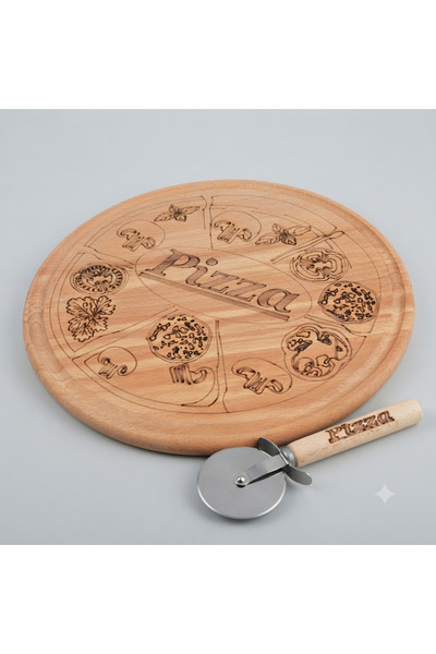 LimArt Set Platou pentru Pizza din Lemn Masiv Natur si Feliator Inclus, Grava...