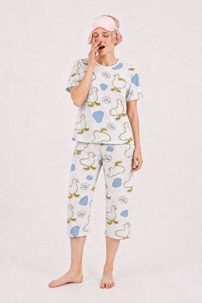 MODABOX 100% Cotton Combed Cotton Capri Pajama Set Short Sleeve T-Shirt and C...