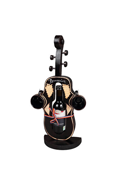 LimArt Suport de vin tip vioara cu talpa, 2 cani ceramice si sticla vin rosu ...