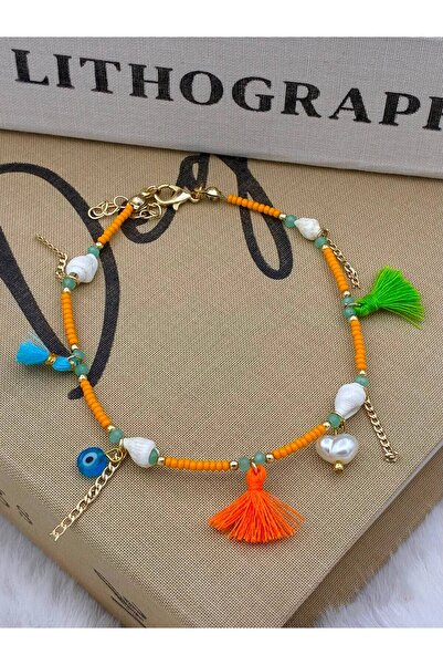 Hedef Bijuteri Gold Color Orange Afghan Beaded Sea Shell Mixed Color Tassel A...
