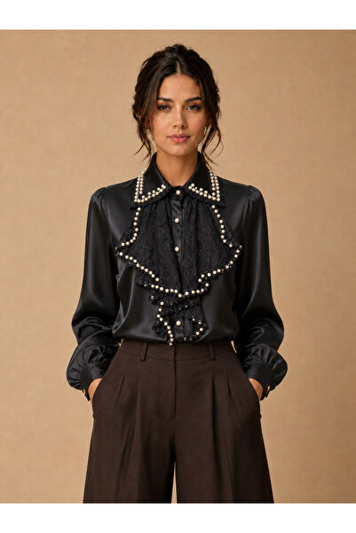 TOP BERLANTY Luxury Satin Blouse with Lace and Pearl Detailing 3 Colors