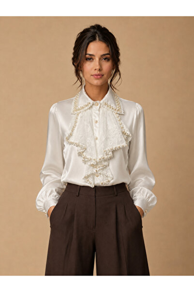 TOP BERLANTY Luxury Satin Blouse with Lace and Pearl Detailing 3 Colors