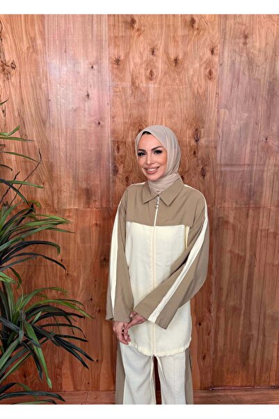 Asya Karen Stripe Detailed Zippered Double Suit Khaki