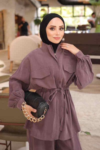 İmajButik Dusty Rose Waist-Tie Jacket and Trousers Set