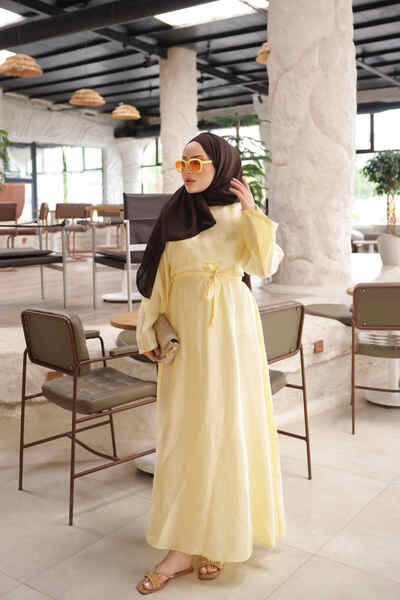 İmajButik Yellow Wide-Sleeve Belted Dress