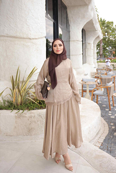 İmajButik Set din satin cu fustă din dantelă de nurcă