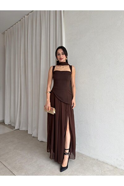 Mooi Butik Mi̇mosa Maxi Shawl Dress 8543 - Bitter Brown