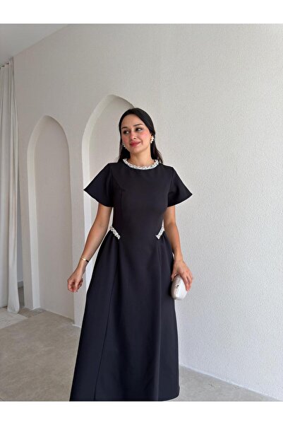 Mooi Butik SENORİTA Taş Detaylı Midi Elbise 3769 - Siyah
