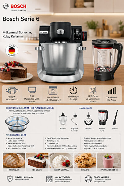 Bosch Serie 6 Mutfak Şefi 1600 W, 5,5 L Paslanmaz Çelik Hazne, Entegre Hassas...