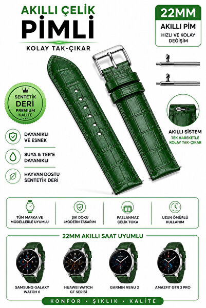 onlinekordon Amazfit T-Rex Pro Uyumlu 22mm Yeşil Kroko Timsah Desenli Kolay S...