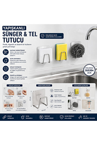 FTA TİCARET Yapışkanlı Paslanmaz Çelik Sünger Tutucu | Mutfak Süngeri ve Bula...