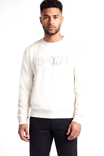 BOSS Men's Regular Fit Logo Printed Round Neck Cotton Long Sleeve Ecru T-Shirt
