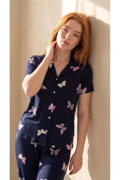 Arzey Navy Blue Butterfly Patterned Bamboo Short Sleeve Buttoned Front Pajama Set