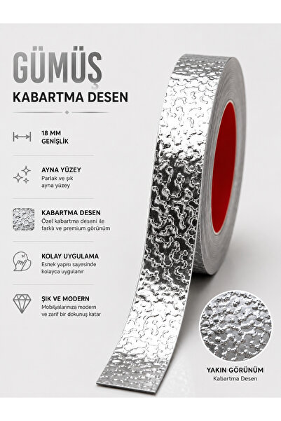 dekorfuga 18 MM (5 MT) Gümüş Kabartmalı Kendinden Yapışkanlı Mobilya Kenar Şerit