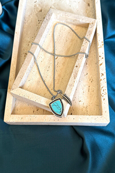 MOONİ ACCESSORİES Viking Design Turquoise Stone Feather Arrow Figured Silver ...