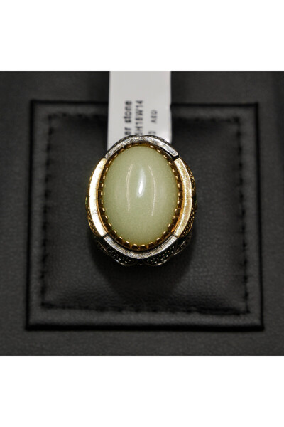 Generic 925 Sterling Silver Men's Power Stone Ring 7.5x16mm Pale Green Oval C...