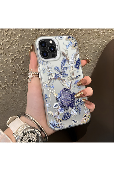 ARTISHELL iPhone 15 Pro Max Uyumlu Mavi Botanik Kuş Çiçek Deseni Darbeye Daya...