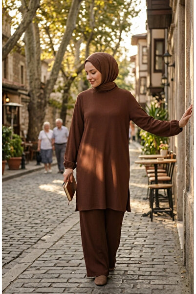 sefamerve Bürümcük Fabric Tunic Pants Hijab Double Set 0571-03 Brown