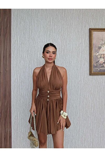 solena sln فستان نسائي قصير بياقة هالتر وظهر مكشوف وخصر مطاطي، فستان صيفي أني...