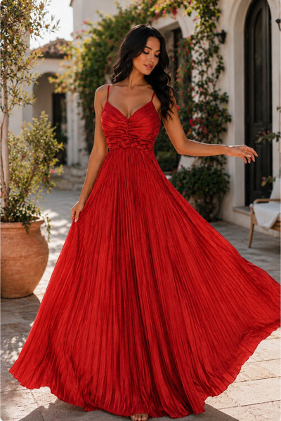 Divin store rochie lunga rosu din satin elastic plisat