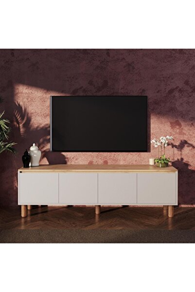 Bimossa D4120 Terra 180cm Sepet-Kumtaşı TV Ünitesi Yüksek Ayaklı 4 Kapaklı Te...