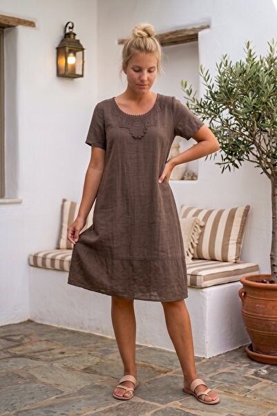Chiccy Brown Lace Collar Short Sleeve Lined Skirt Embroidered Casual Cotton W...