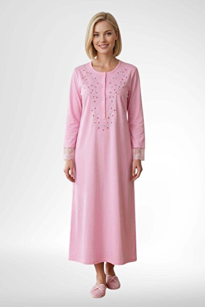 Mecit Pijama Mecit 6375 Pink Women's 100% Cotton Long Sleeve Nightgown