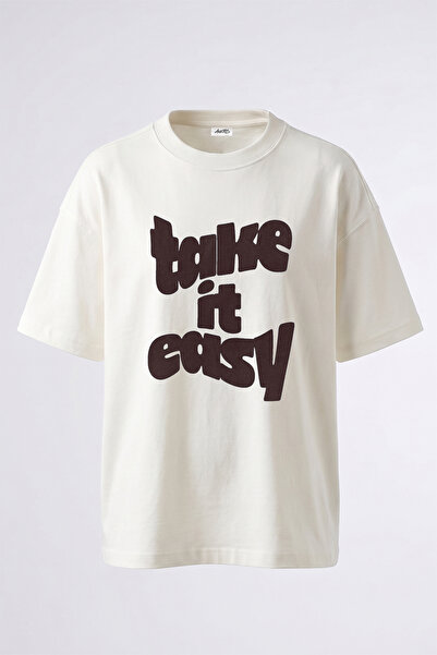 Anetos Take It Easy Design Printed Oversize White T-Shirt
