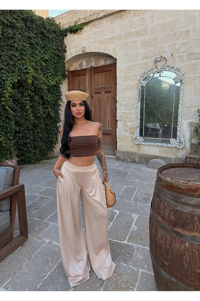 kırmızı butiks Beige Modal Pleated Palazzo Trousers